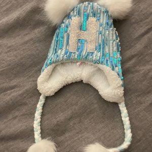 Justice Sequin Initial "H" Pompom Earflap Trapper Blue White Hat Girls